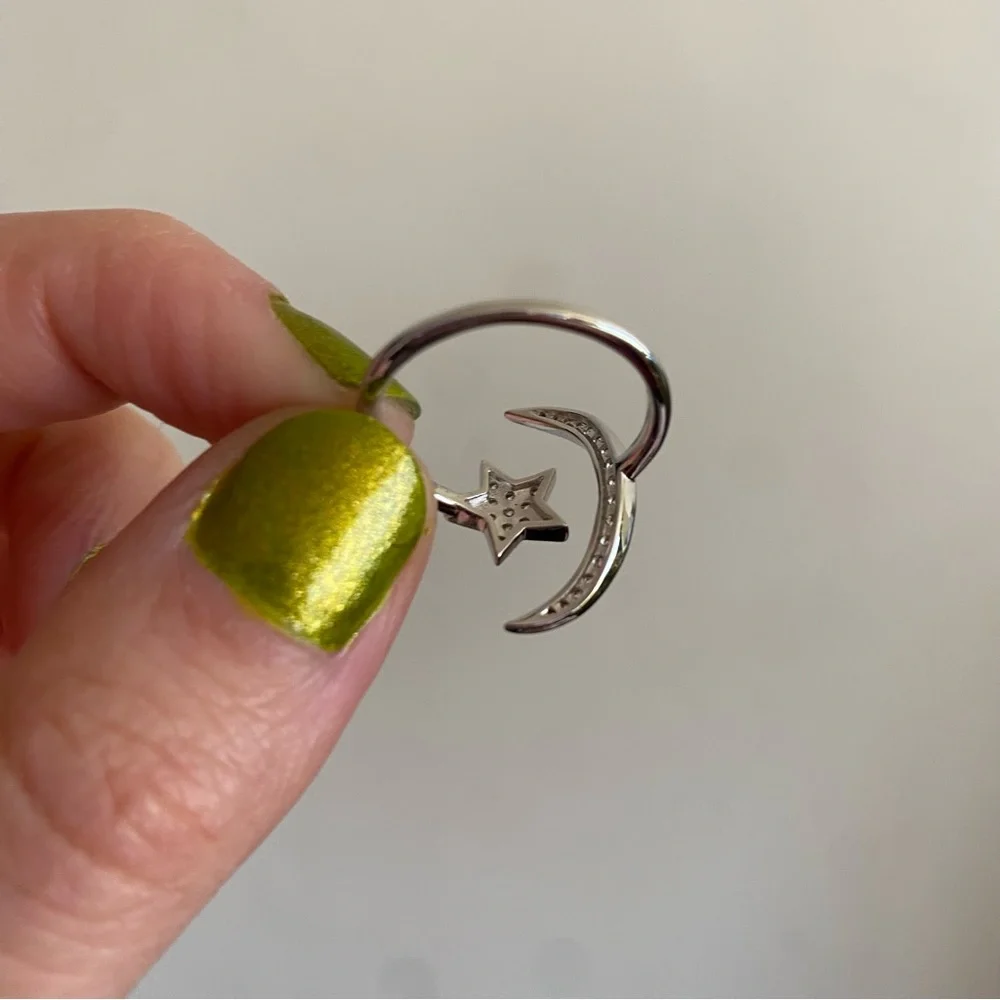 925 Silver Rhinestone Moon and Star Ring
